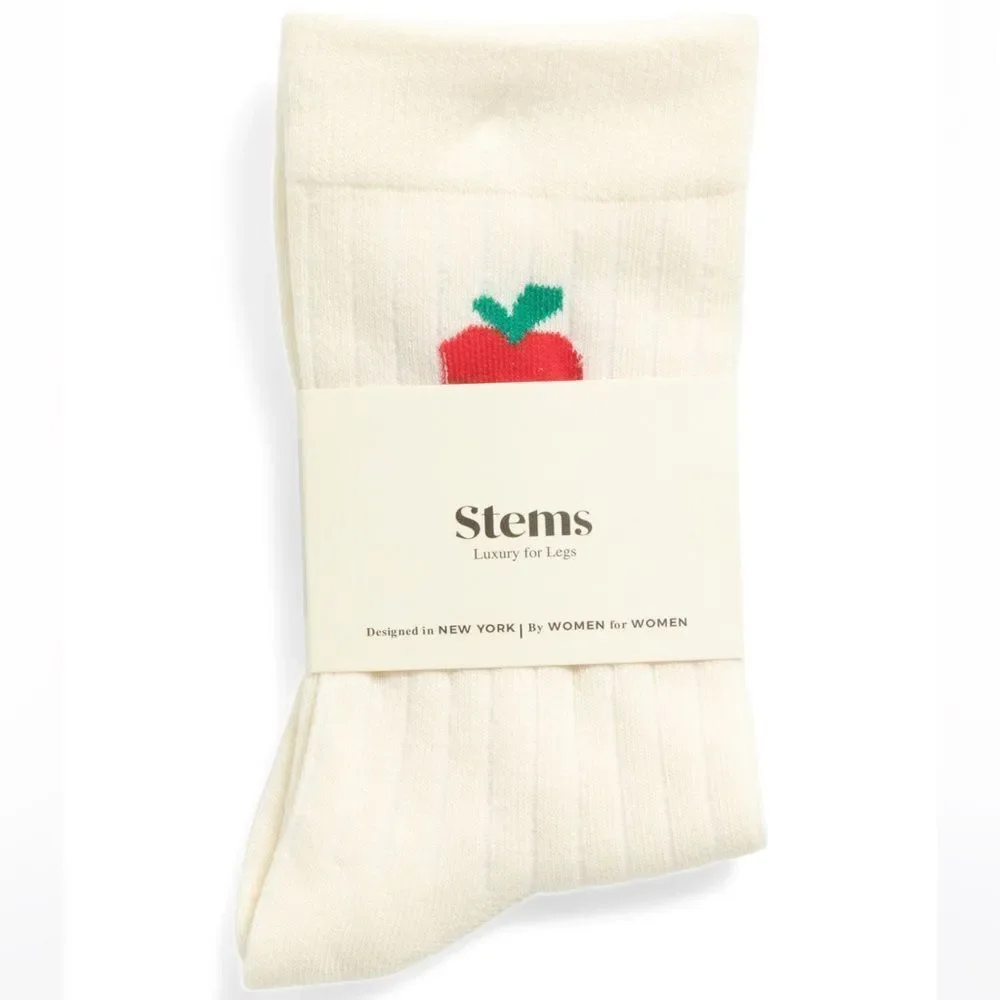 Stems 1 Pair Ivory Red Green Apple Print Cotton Blend Stretch Knit Crew Socks